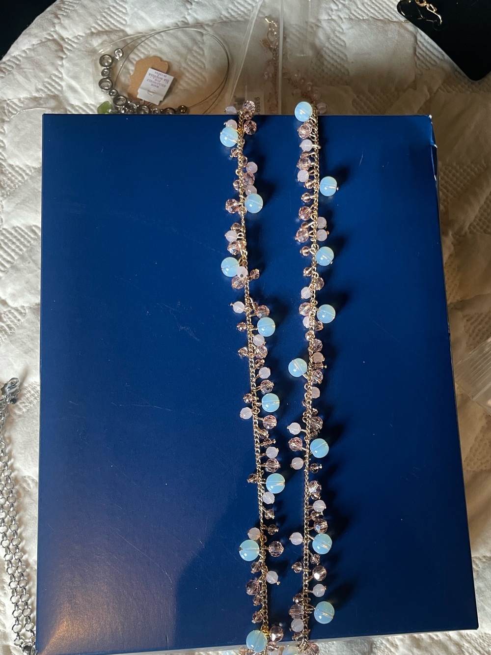 ViVI Gold-Tone Necklace with Opalescent Blue and Light Pink Beads
